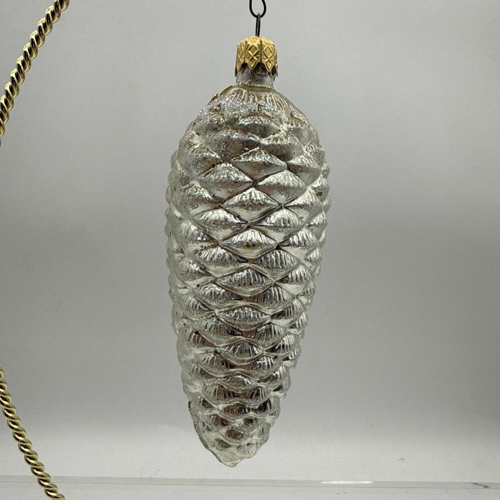 Vintage Kurt Adler Glass Pinecone Christmas Ornaments, Green Sparkle Columbia